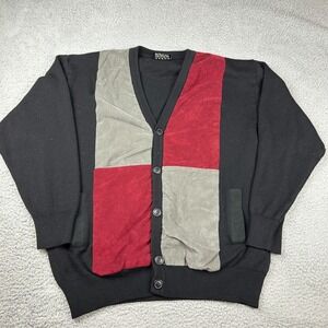 Vtg Tuscan Cardigan Grandpa Sweater Black Geometric Wool Blend Made in Italy XL